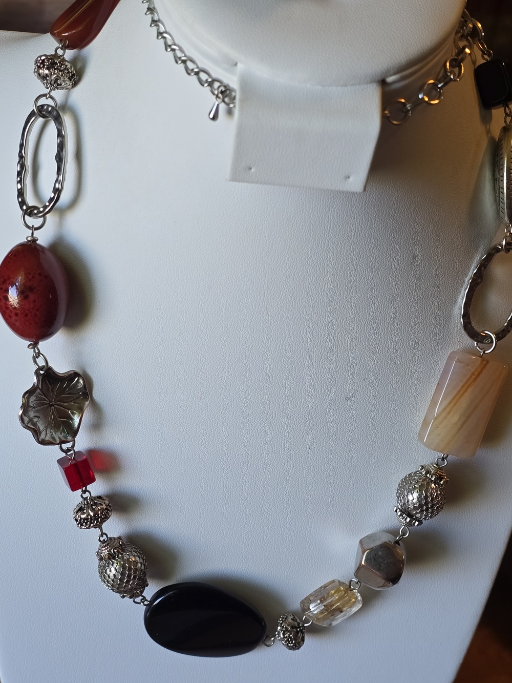 Mixed Bead Statement Necklace in Red, Black & Cream